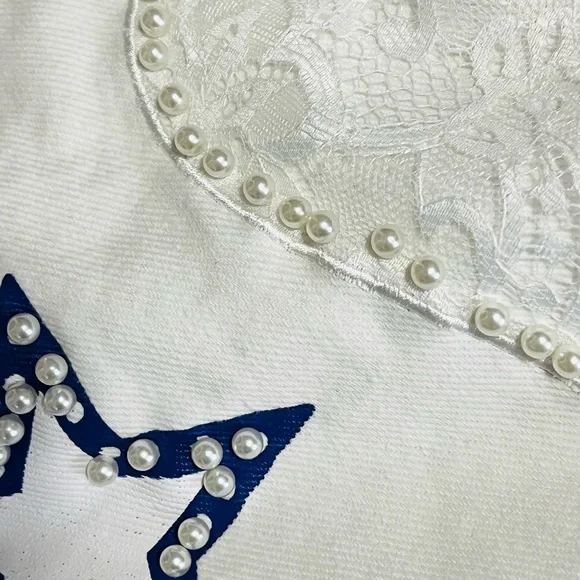 PEACH LOVE CALIFORNIA USA faux pearl accents washed out denim dress S M L - Picture 5 of 7